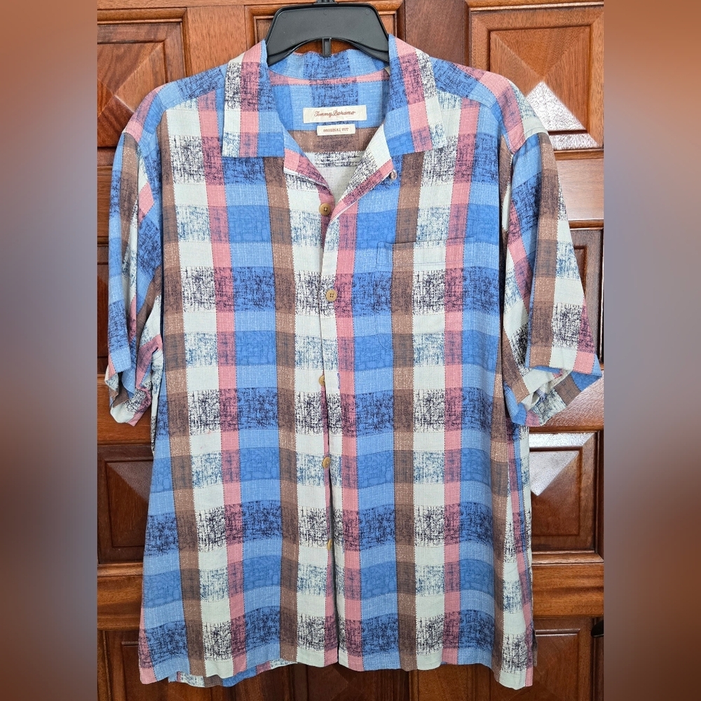Tommy Bahama Mens's Blue and Brown Plaid Casual Button Down Shirt 100% Silk